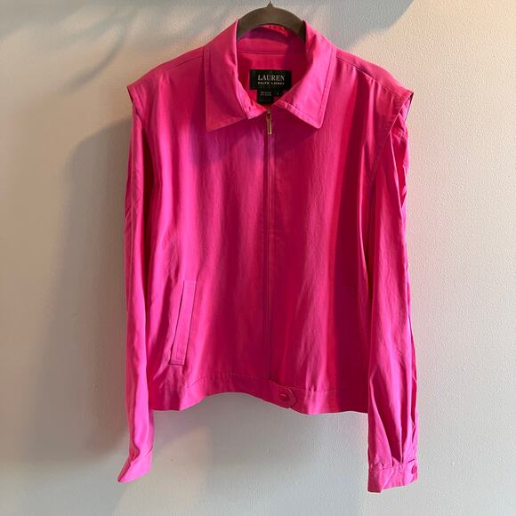 Lauren Ralph Lauren Pink 100% Silk Zip Front Jacket Size L - Picture 1 of 7